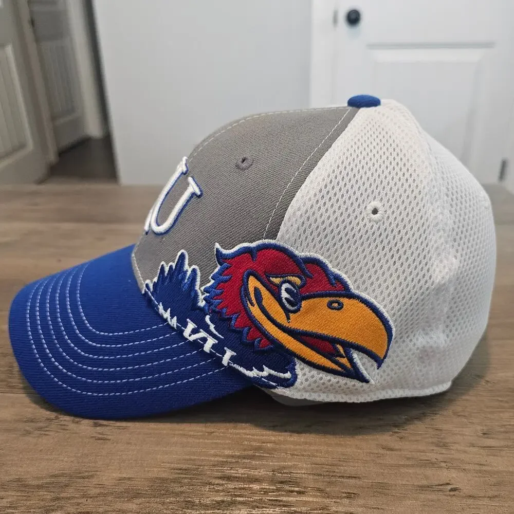 Vintage Kansas University Jayhawks Fitted Hat Cap 90s KU Blue Gray NCAA Retro